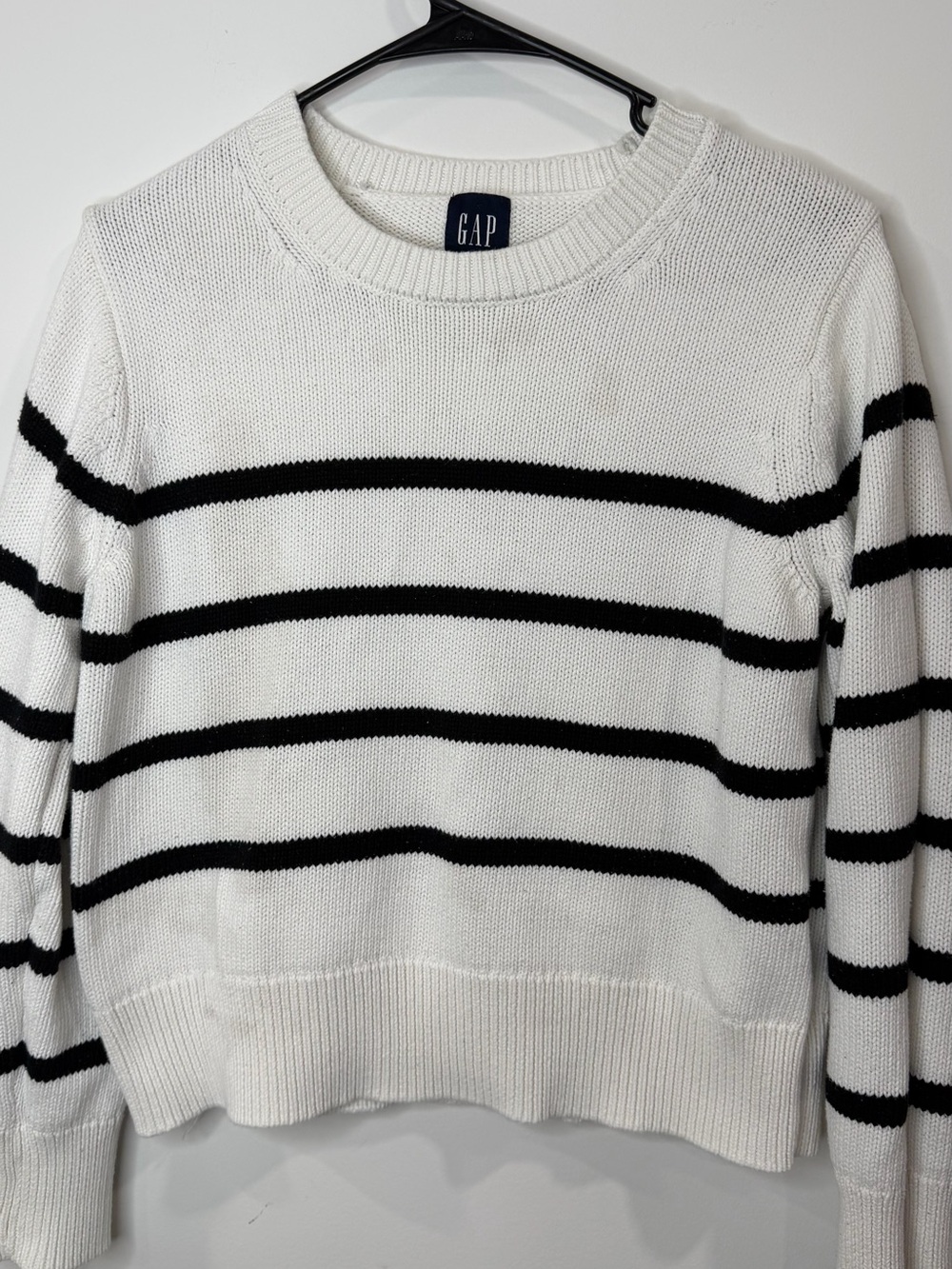GAP White Crewneck Sweater with Black Stripes